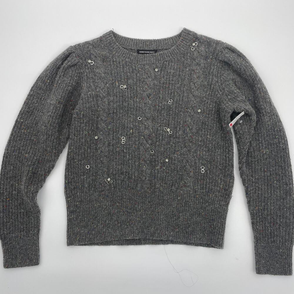 NWOT SOMETHING NAVY Grey Jewel Deco Cable Sweater Womens Siz L Knit Top Crew